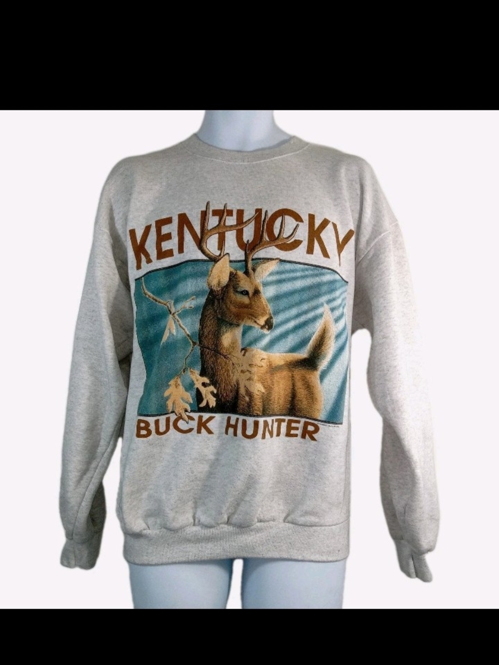 Vtg Kentucky Buck Hunter Graphic Crewneck Sweatshirt - Santee, Light Gray